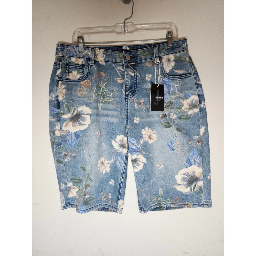 Flamingals Bermuda Shorts Women 2XL Blue Floral Print Stretch Denim High Rise